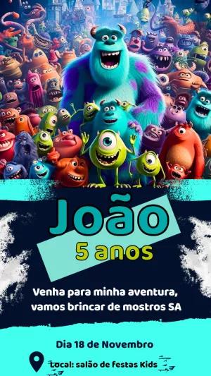 Convite de Aniversário Monstros SA para Editar Online