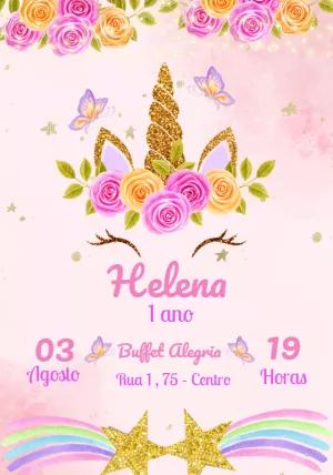 Convite de Aniversário Unicórnio com Flores para Editar Online