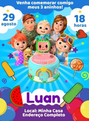 Convite de Aniversário Cocomelon com Personagens para Editar