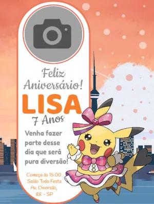 Convite Aniversário Pikachu Rosa com Foto para Editar Online