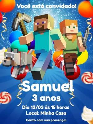 Convite de Aniversário Minecraft com Personagens para Editar
