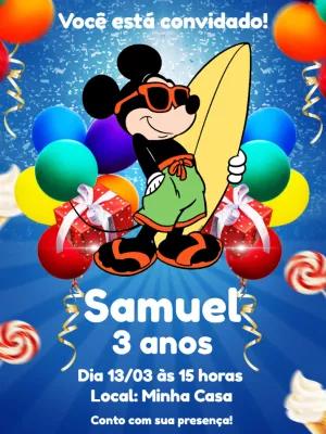 Convite de Aniversário Mickey Surfista para Editar Online