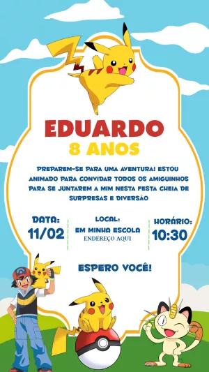 Convite de Aniversário Pokémon com Pikachu para Editar Online
