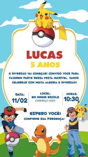 Convite de Aniversário Pokémon com Personagens para Editar Online