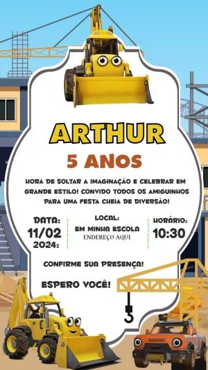 Convite Aniversário Construção com Trator para Editar Online