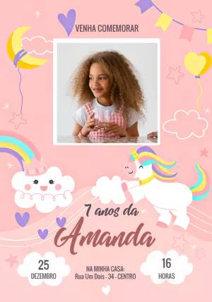 Convite Aniversário Unicórnio com Foto para Editar Online