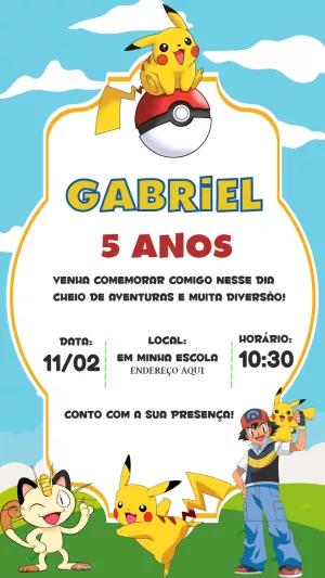 Convite de Aniversário Pokémon com Pikachu para Editar Online