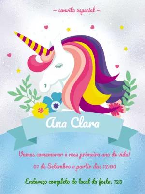 Convite de Aniversário Unicórnio Floral para Editar Online