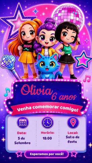 Convite de Aniversário Guerreiras do K-pop Modelo Editável