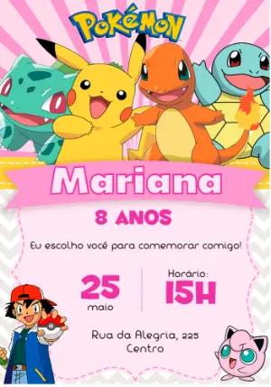 Convite Aniversário Pokémon Rosa com Pikachu para Editar Online