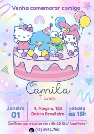 Convite de Aniversário Hello Kitty e Amigos para Editar Online