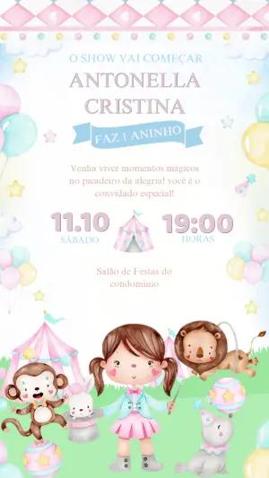 Convite Aniversário Circo Rosa com Animais para Editar Online
