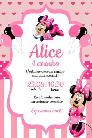 Convite de Aniversário Minnie Rosa Editável para Menina