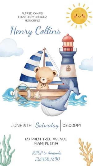 Cute Nautical Bear Baby Shower Invitation | Editable Template