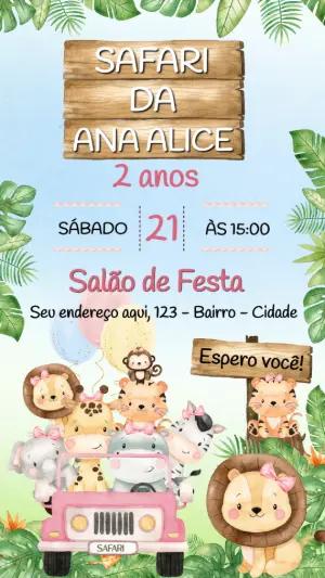 Convite Aniversário Safari Menina Aquarela para Editar
