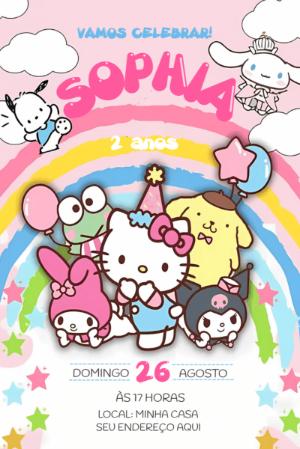 Convite de Aniversário Hello Kitty e Amigos para Editar Online
