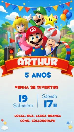 Convite de Aniversário Super Mario Bros Editável para Festa