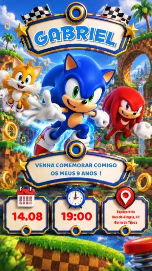 Convite de Aniversário Sonic, Tails e Knuckles Editável