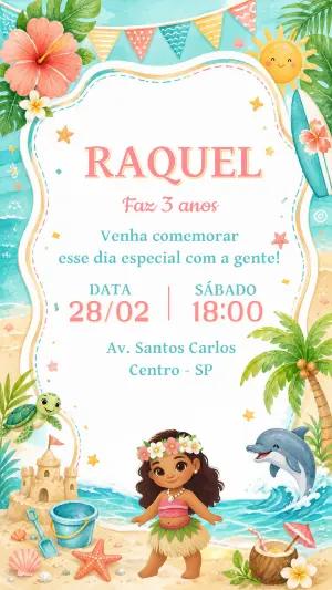 Convite Digital Moana Baby Aniversário Tropical Editável