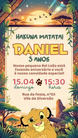 Convite de Aniversário Infantil Rei Leão Simba Editável