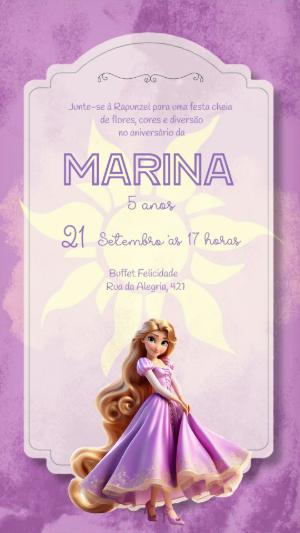 Convite de Aniversário Rapunzel Editável para Festa de Princesa