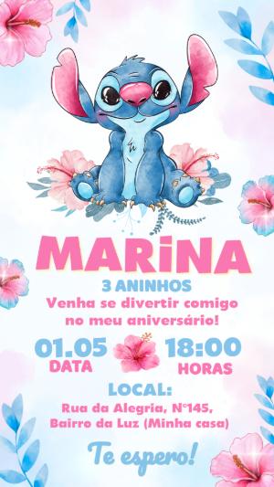 Convite de Aniversário Stitch Tropical Aquarela para Editar