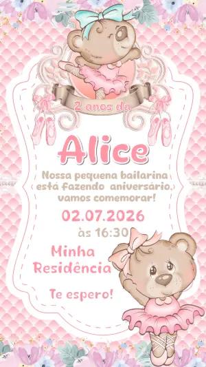 Convite de Aniversário Ursinha Bailarina Rosa para Editar
