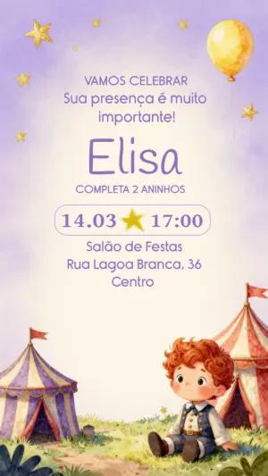 Convite de Aniversário Circo Lilás Aquarela para Editar