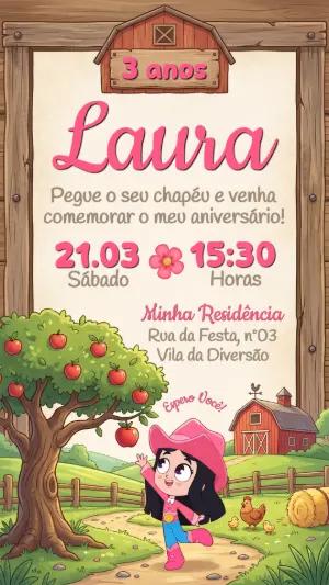 Convite de Aniversário Boiadeirinha Fazendinha Rosa Editável