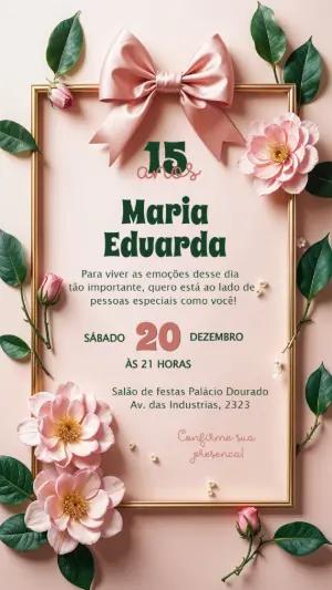 Convite 15 Anos Floral com Laço Rosa para Editar Online