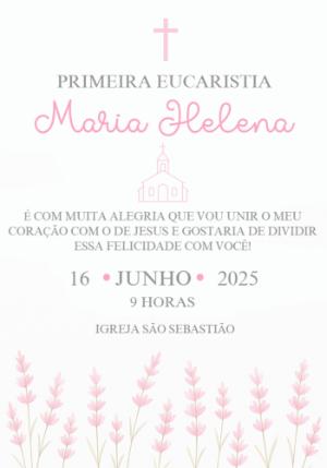 Convite Primeira Eucaristia Floral Rosa para Editar Online
