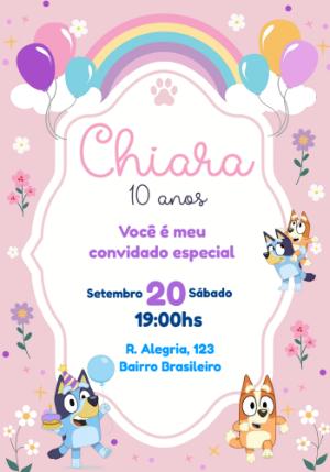 Convite de Aniversário Bluey Floral Rosa Editável