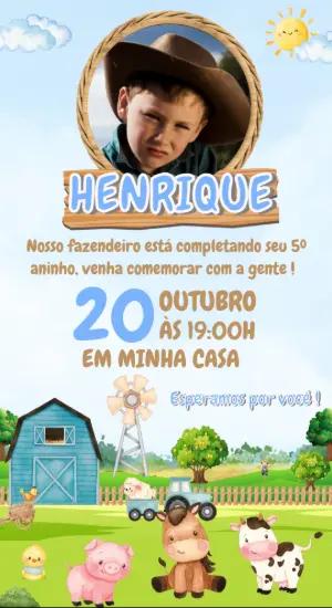 Convite Aniversário Fazendinha com Foto para Editar Online