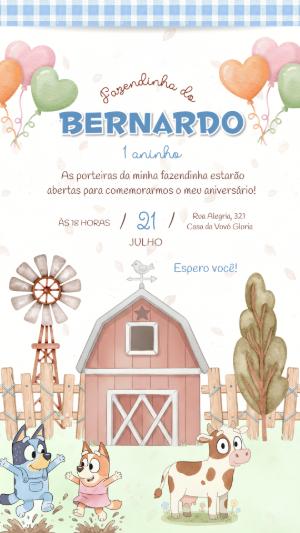 Convite de Aniversário Fazendinha Bluey Aquarela Editável