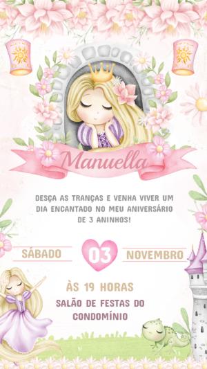 Convite de Aniversário Rapunzel Aquarela para Editar