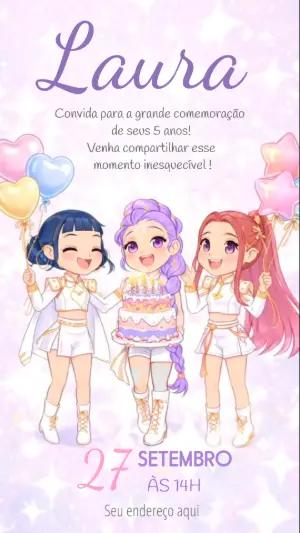 Convite Animado Aniversário Guerreiras do K-pop para Editar Online