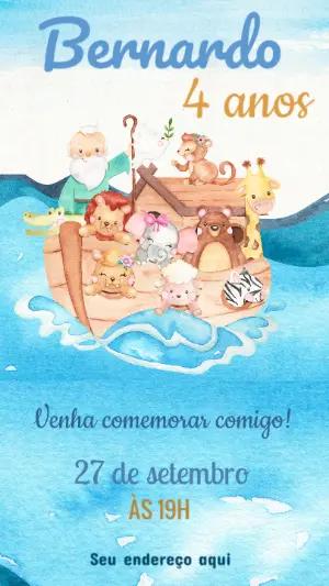 Convite Aniversário Arca de Noé com Animais para Editar Online