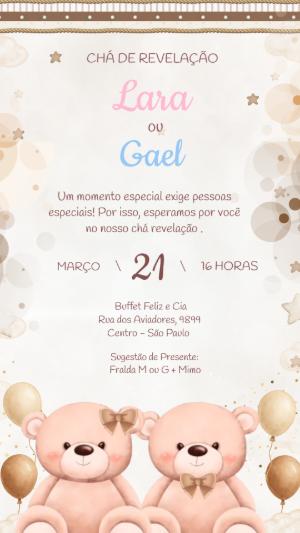 Convite Chá de Revelação Ursinhos e Balões para Editar