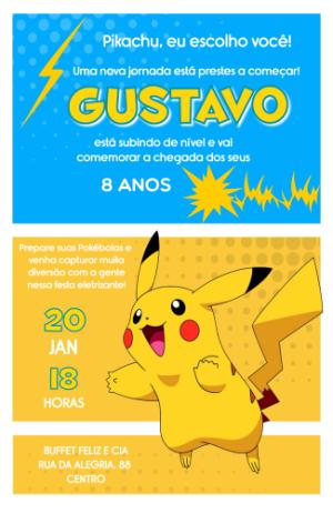 Convite de Aniversário Pokémon Pikachu Amarelo e Azul Editável