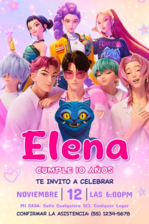 Invitación de Cumpleaños Las Guerreras K-Pop para Editar