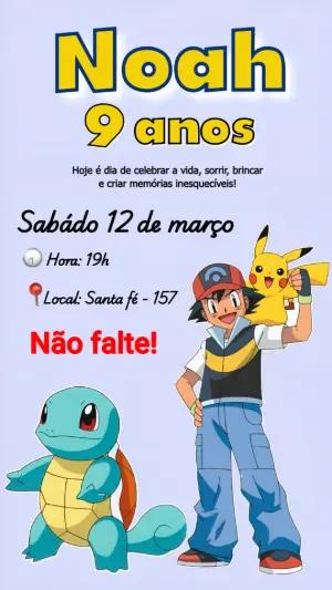 Convite de Aniversário Pokémon com Ash e Pikachu para Editar