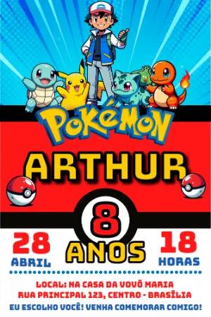 Convite de Aniversário Pokémon com Personagens para Editar Online