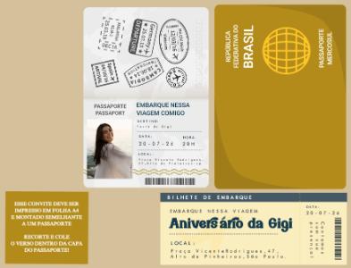 Convite Criativo Passaporte de Aniversário Digital Editável