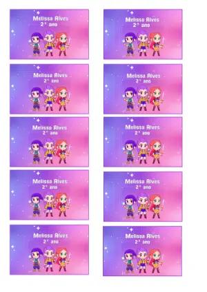 Etiqueta Escolar Editável Tema Guerreiras do Kpop Chibi Roxo