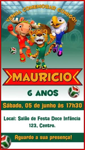 Convite Digital Aniversário Futebol com Mascotes para Editar