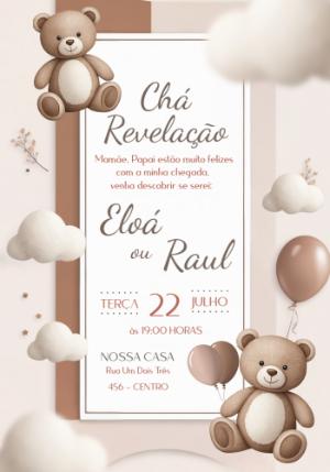 Convite Chá Revelação Ursinho Fofo Tons Neutros Editável