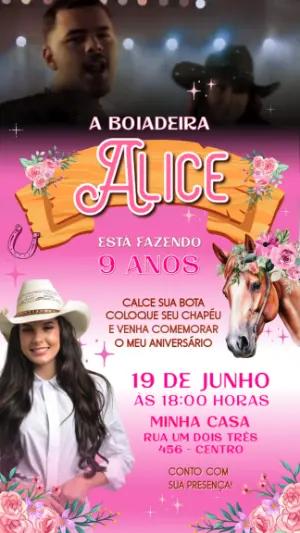 Convite Animado Aniversário Boiadeira Rosa para Editar
