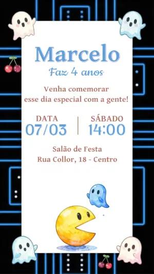 Convite Digital Infantil Tema Pac-Man Aquarela Editável