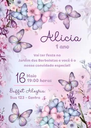 Convite de Aniversário Jardim das Borboletas Lilás Editável