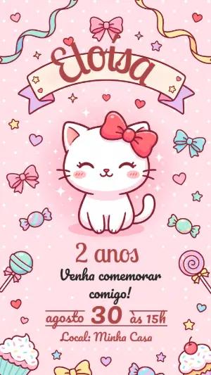 Convite de Aniversário Hello Kitty Kawaii | Modelo Editável